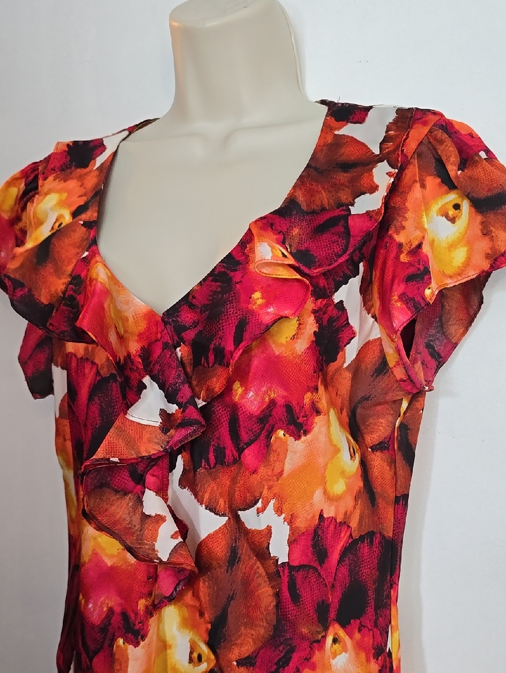 Sunny Leigh Floral Ruffle V-Neck Blouse - Red, Orange, Yellow Large - Picture 2 of 4